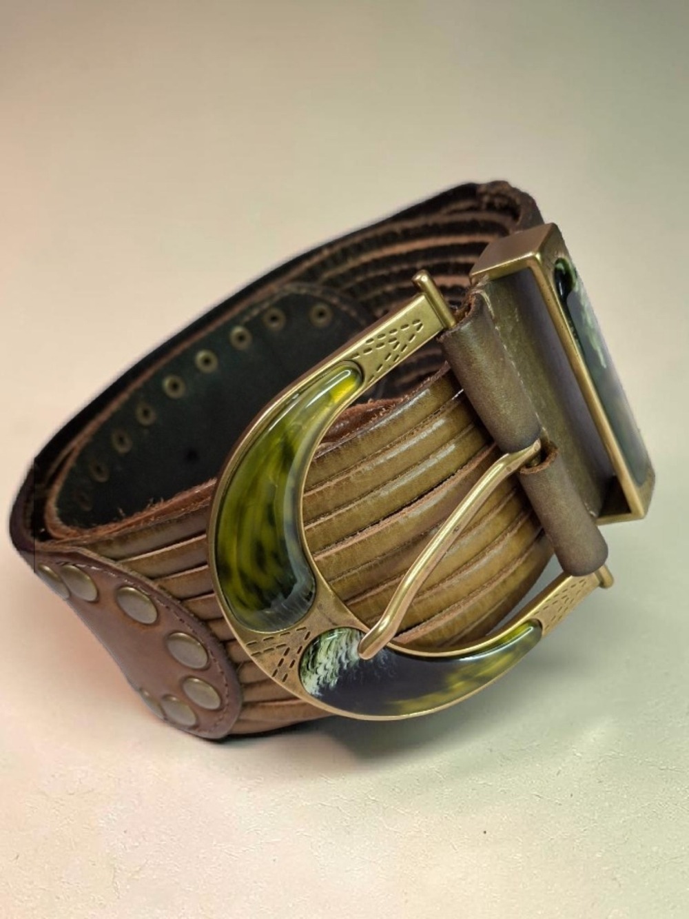 Linea Pelle Brown Leather Belt with Brass-Tone Green Accent Buckle - Picture 1 of 11
